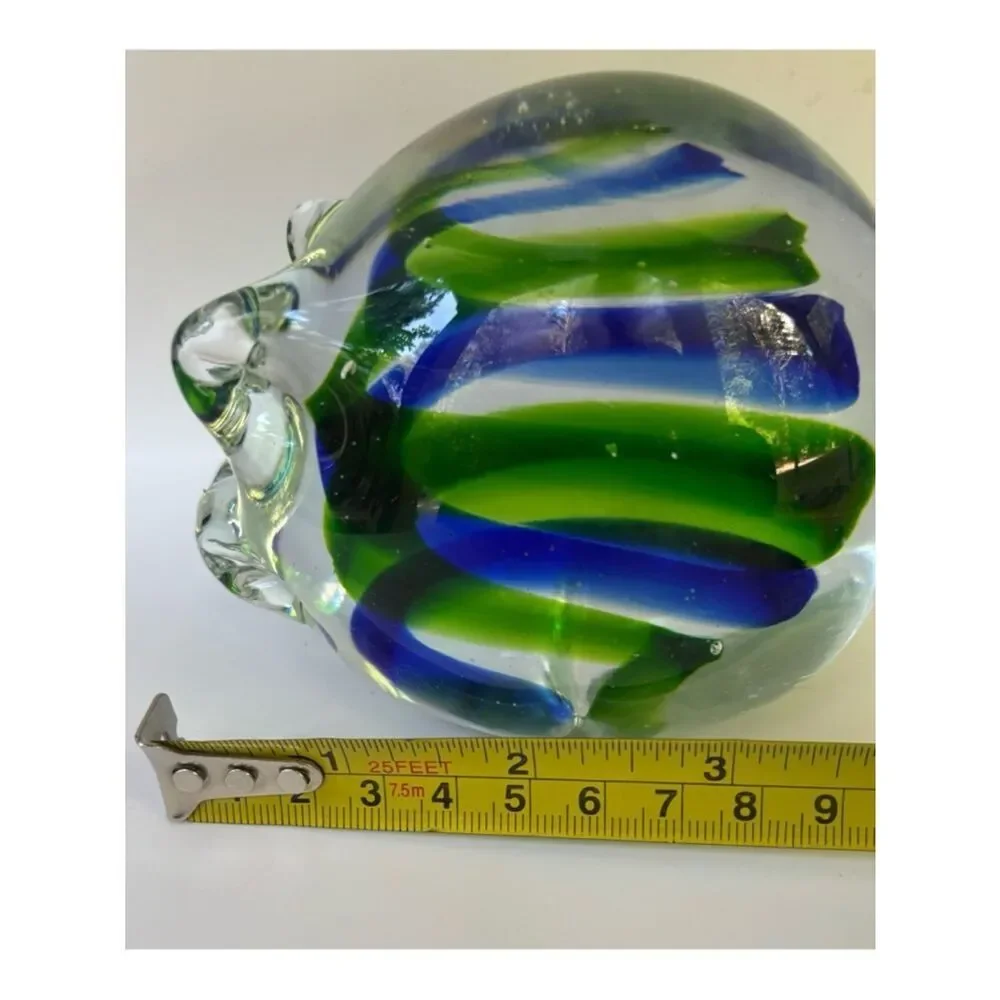Vintage Murano Glass Pig Paperweight with Blue and Green Ribbon Motif